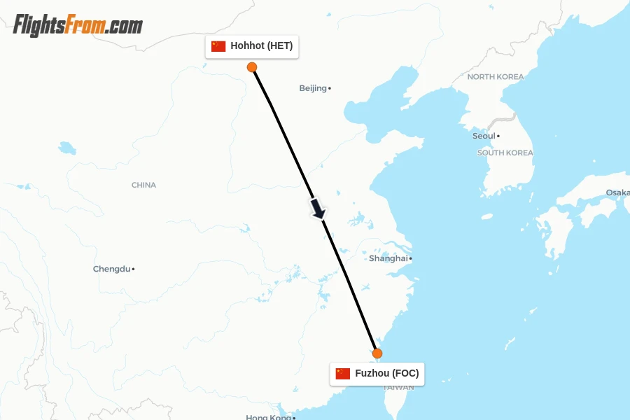 Flights from Hohhot to Fuzhou route map