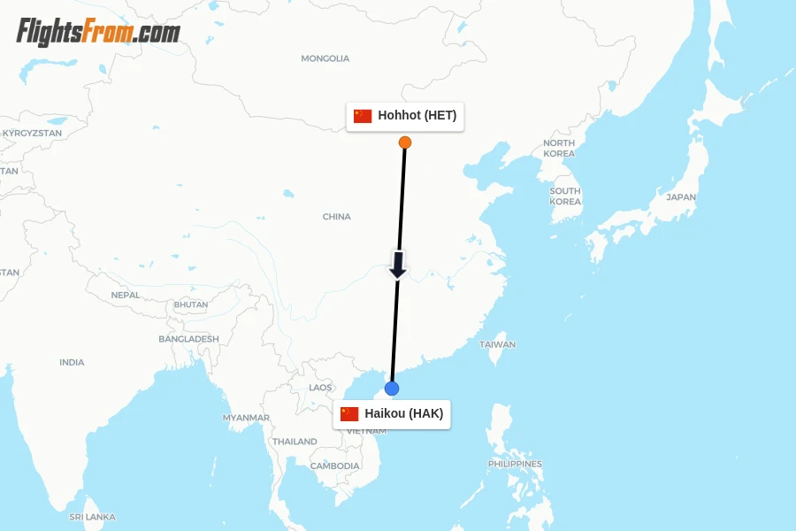 Flights from Hohhot to Haikou route map
