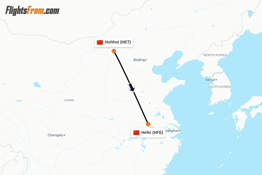 Flights from Hohhot to Hefei route map