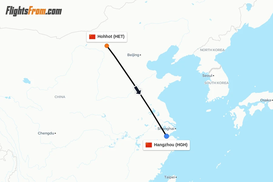 Flights from Hohhot to Hangzhou route map