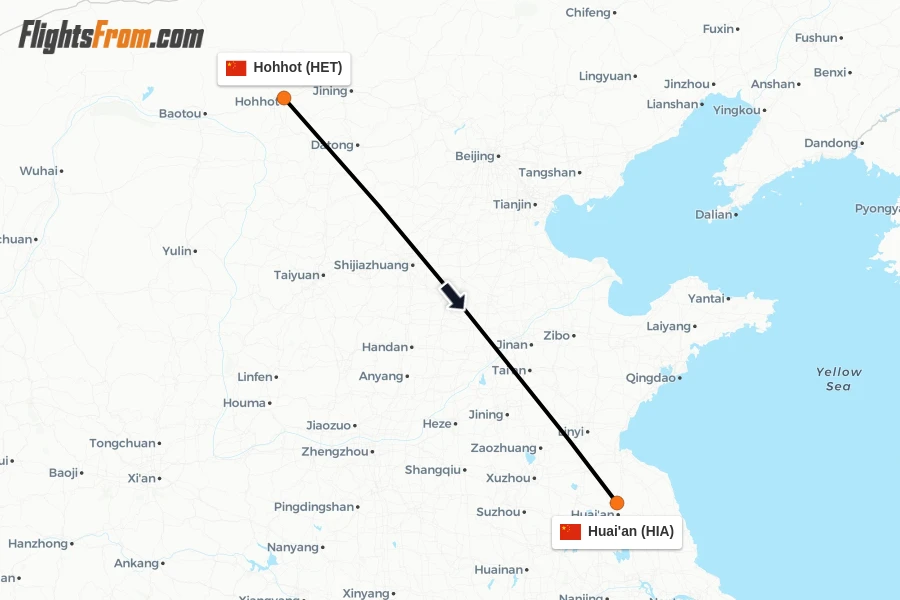 Flights from Hohhot to Huai'an route map