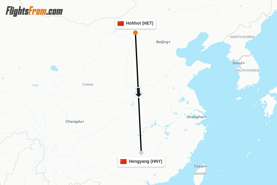 Flights from Hohhot to Hengyang route map