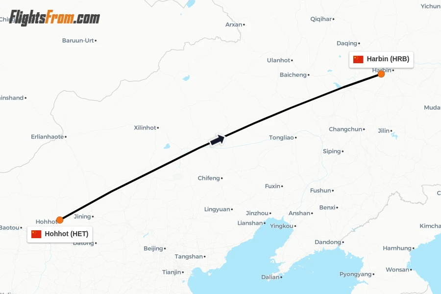 Flights from Hohhot to Harbin route map