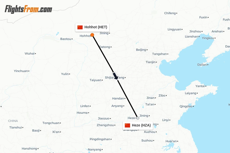 Flights from Hohhot to Heze route map