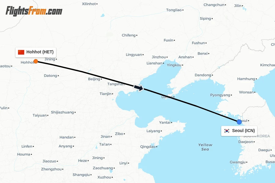 Flights from Hohhot to Seoul route map