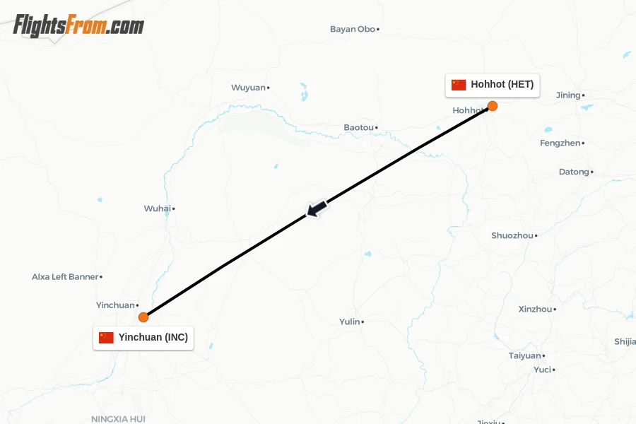 Flights from Hohhot to Yinchuan route map