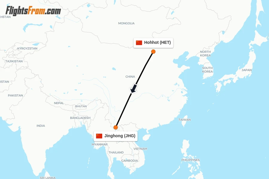 Flights from Hohhot to Jinghong route map