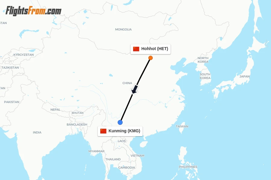 Flights from Hohhot to Kunming route map