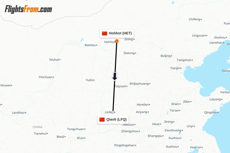 Flights from Hohhot to Qiaoli route map