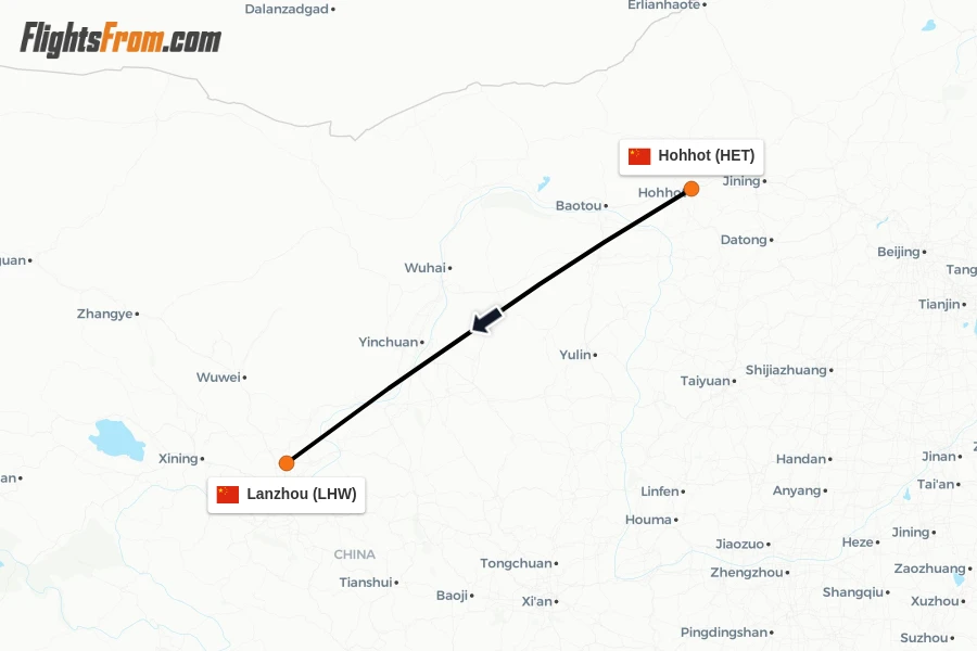Flights from Hohhot to Lanzhou route map