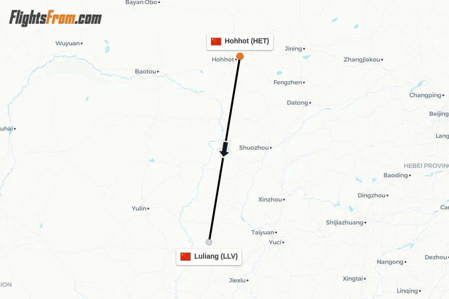 Flights from Hohhot to Luliang route map