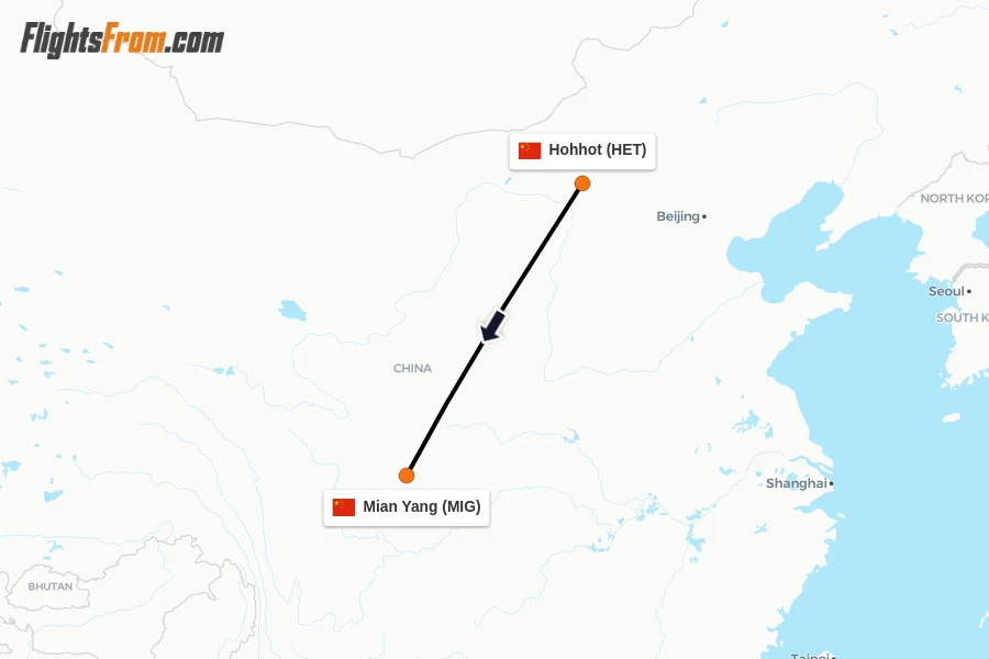Flights from Hohhot to Mian Yang route map