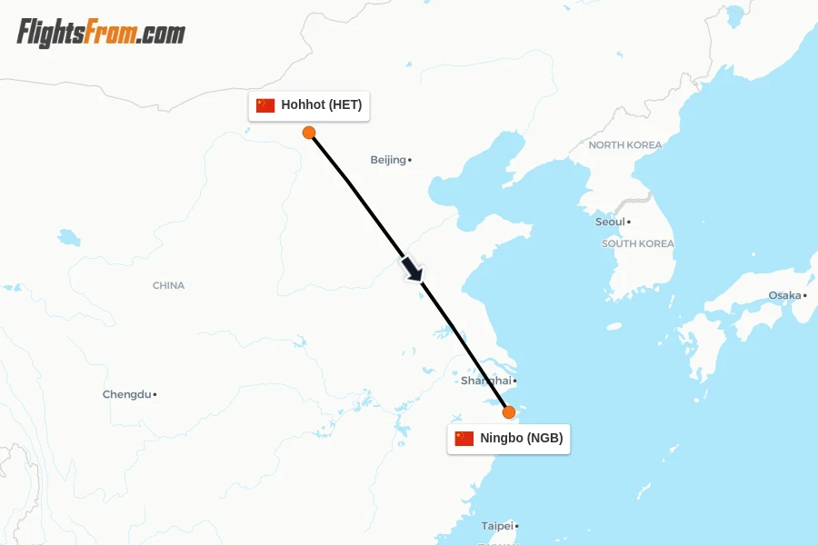 Flights from Hohhot to Ningbo route map