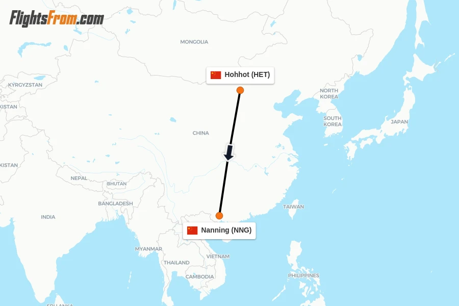 Flights from Hohhot to Nanning route map