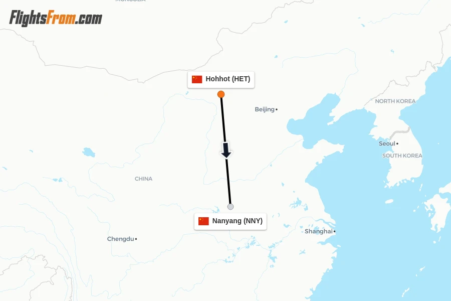 Flights from Hohhot to Nanyang route map