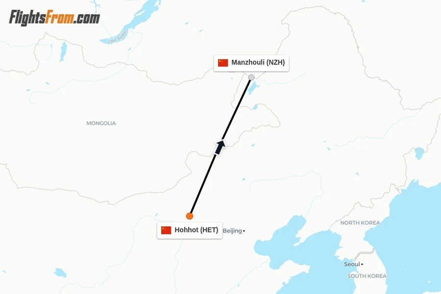 Flights from Hohhot to Manzhouli route map