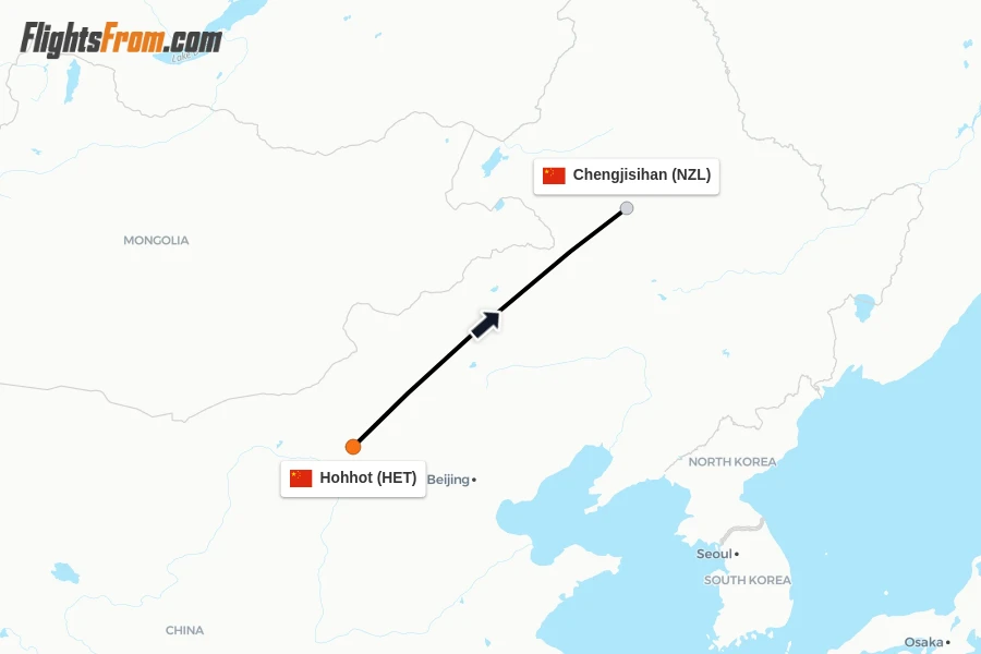 Flights from Hohhot to Chengjisihan route map
