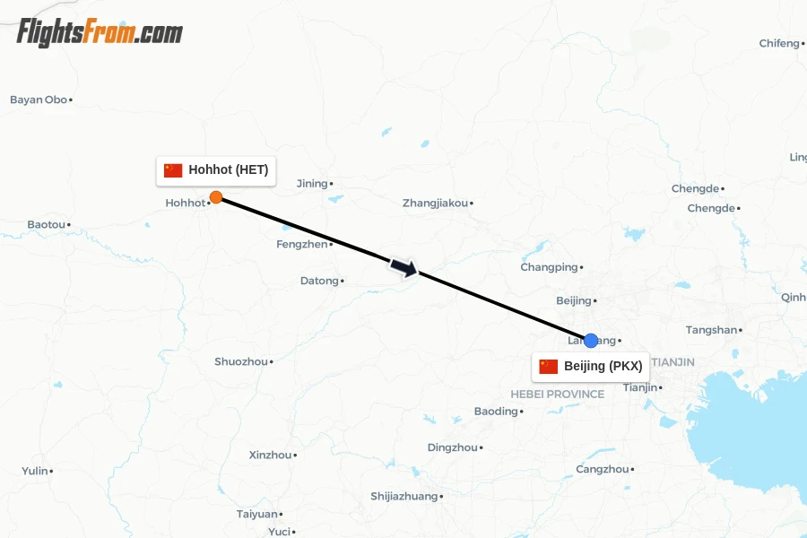 Flights from Hohhot to Beijing route map