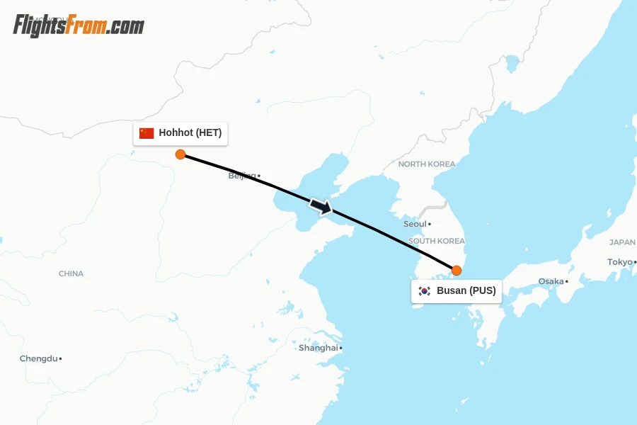 Flights from Hohhot to Busan route map