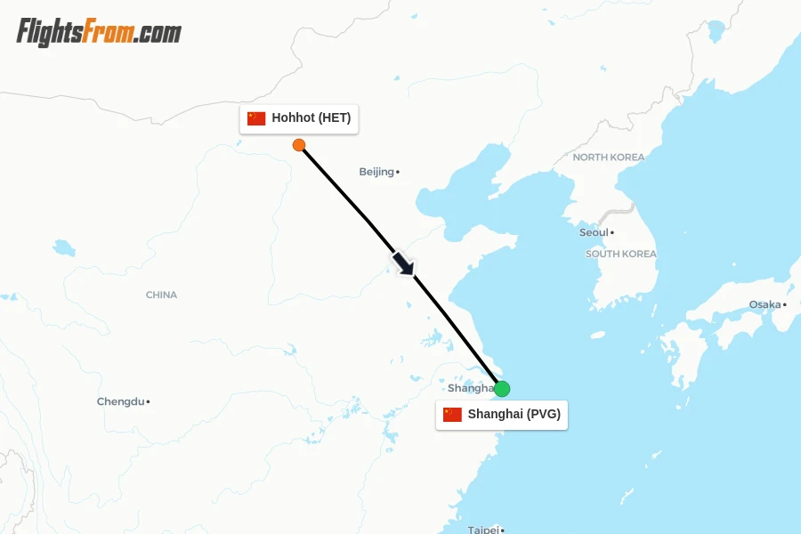 Flights from Hohhot to Shanghai route map