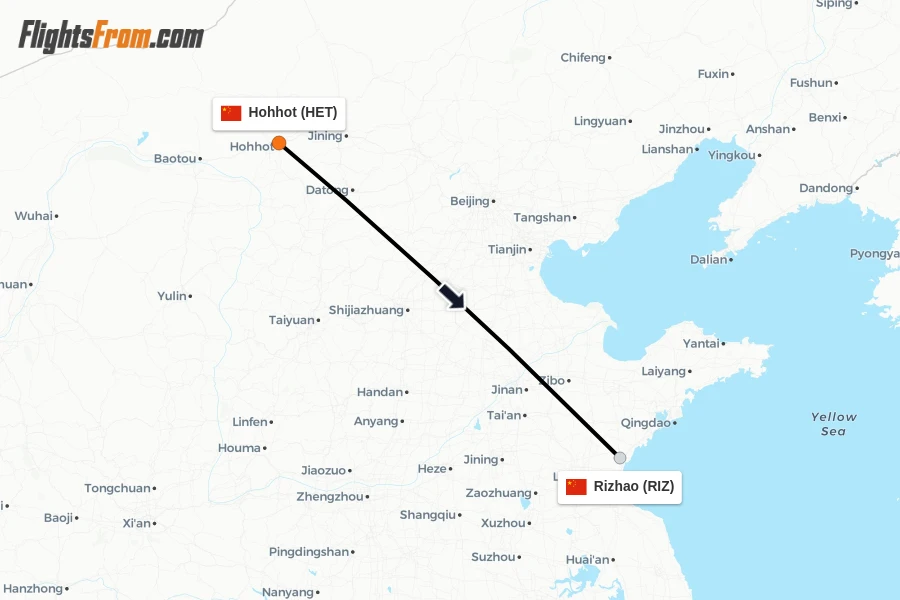 Flights from Hohhot to Rizhao route map