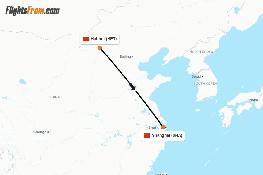 Flights from Hohhot to Shanghai route map