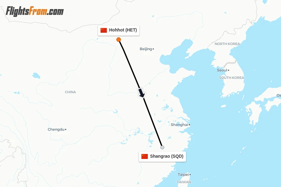 Flights from Hohhot to Shangrao route map