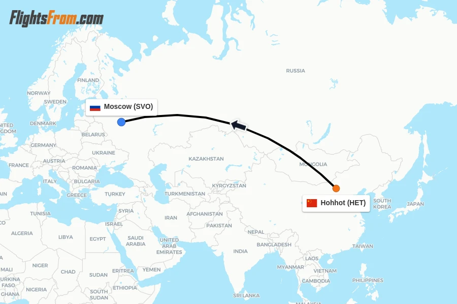 Flights from Hohhot to Moscow route map