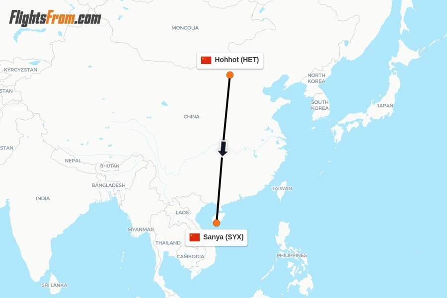 Flights from Hohhot to Sanya route map