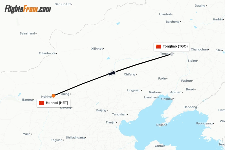 Flights from Hohhot to Tongliao route map