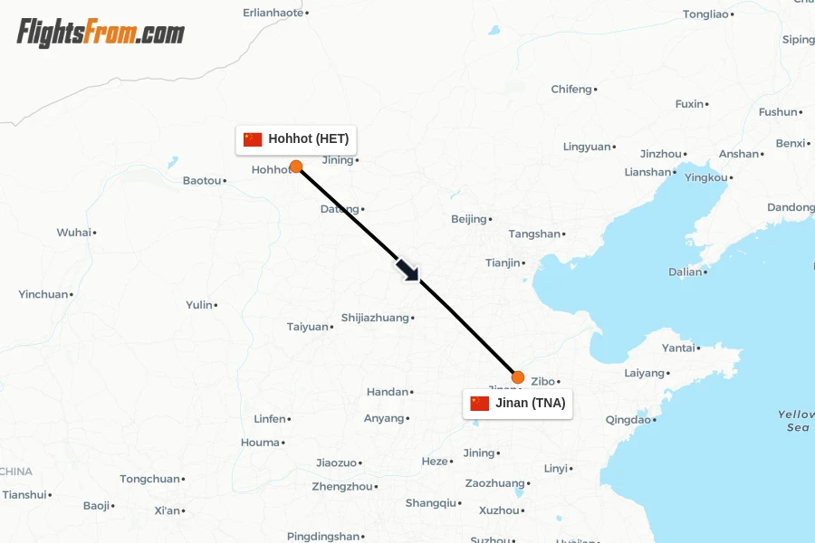 Flights from Hohhot to Jinan route map