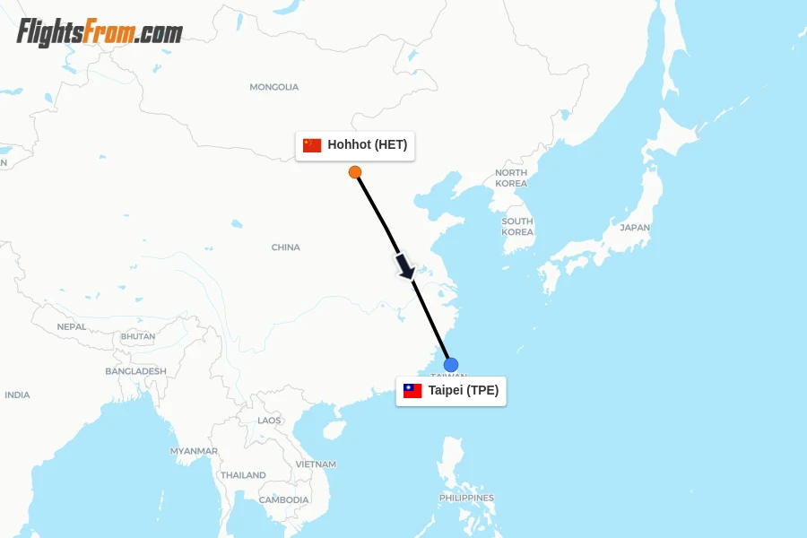 Flights from Hohhot to Taipei route map