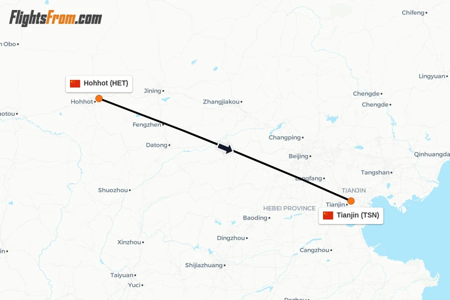 Flights from Hohhot to Tianjin route map
