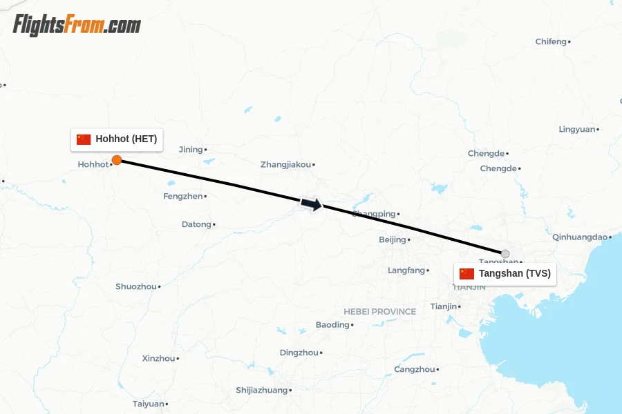 Flights from Hohhot to Tangshan route map