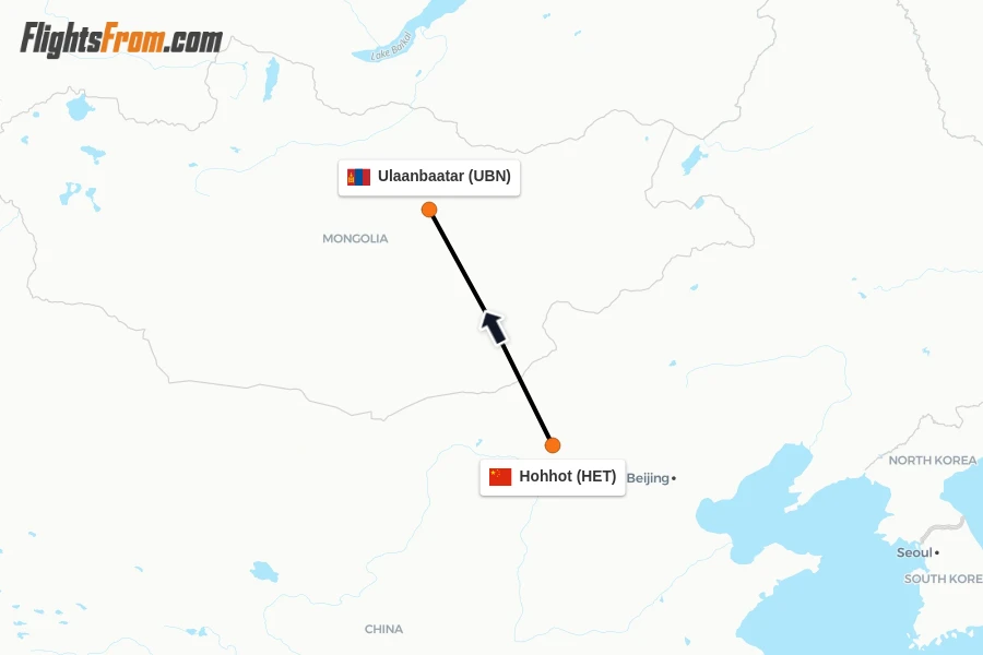 Flights from Hohhot to Ulaanbaatar route map