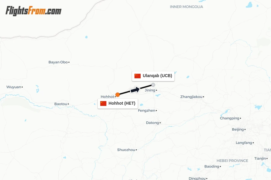 Flights from Hohhot to Ulanqab route map