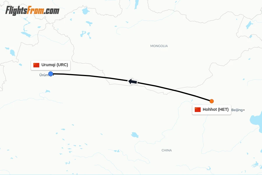 Flights from Hohhot to Urumqi route map