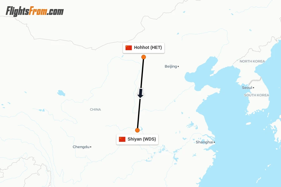 Flights from Hohhot to Shiyan route map