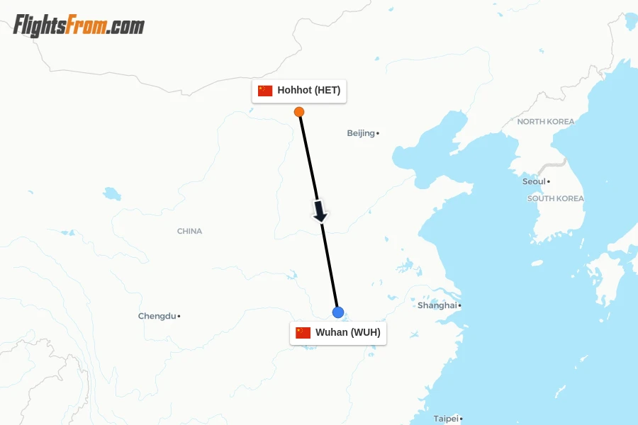 Flights from Hohhot to Wuhan route map