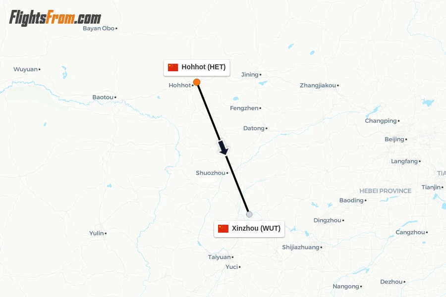 Flights from Hohhot to Xinzhou route map