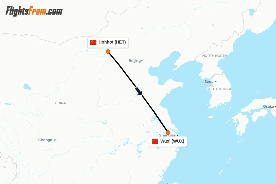Flights from Hohhot to Wuxi route map