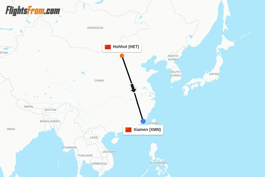 Flights from Hohhot to Xiamen route map