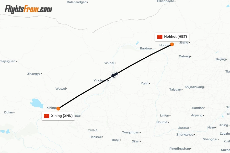 Flights from Hohhot to Xining route map