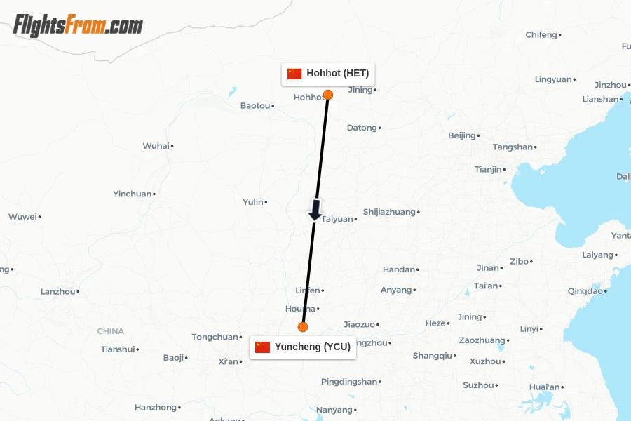 Flights from Hohhot to Yuncheng route map