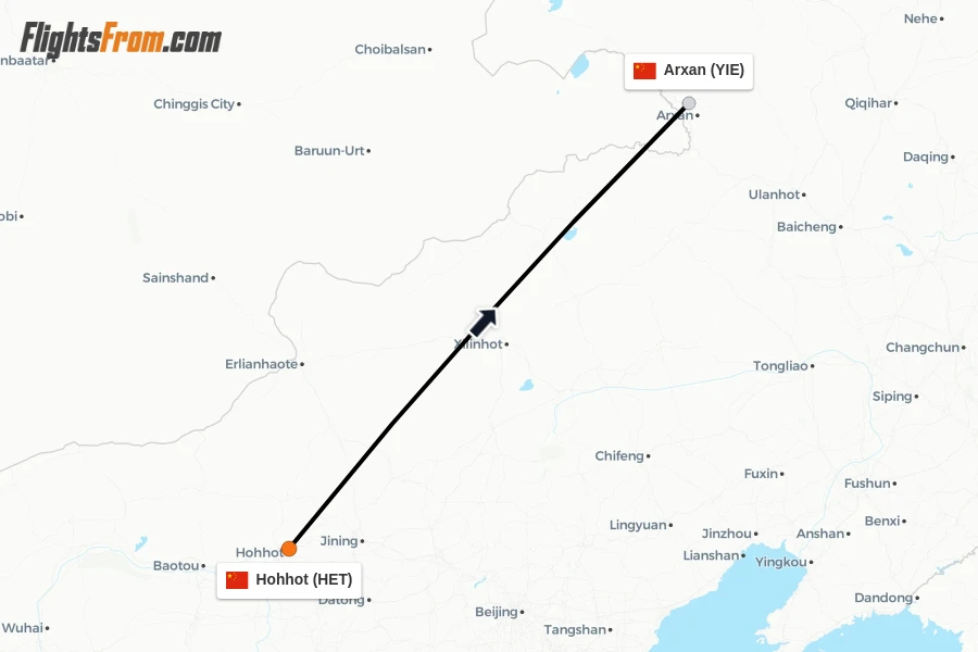 Flights from Hohhot to Arxan route map