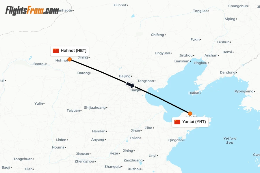 Flights from Hohhot to Yantai route map