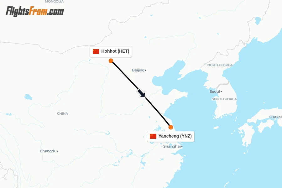 Flights from Hohhot to Yancheng route map