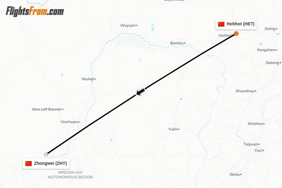 Flights from Hohhot to Zhongwei route map
