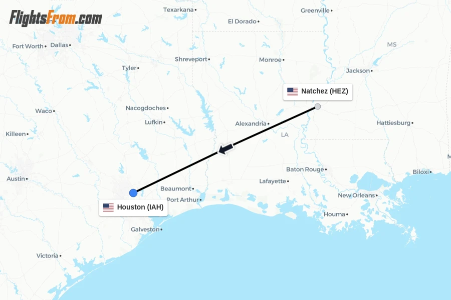 Flights from Natchez to Houston route map