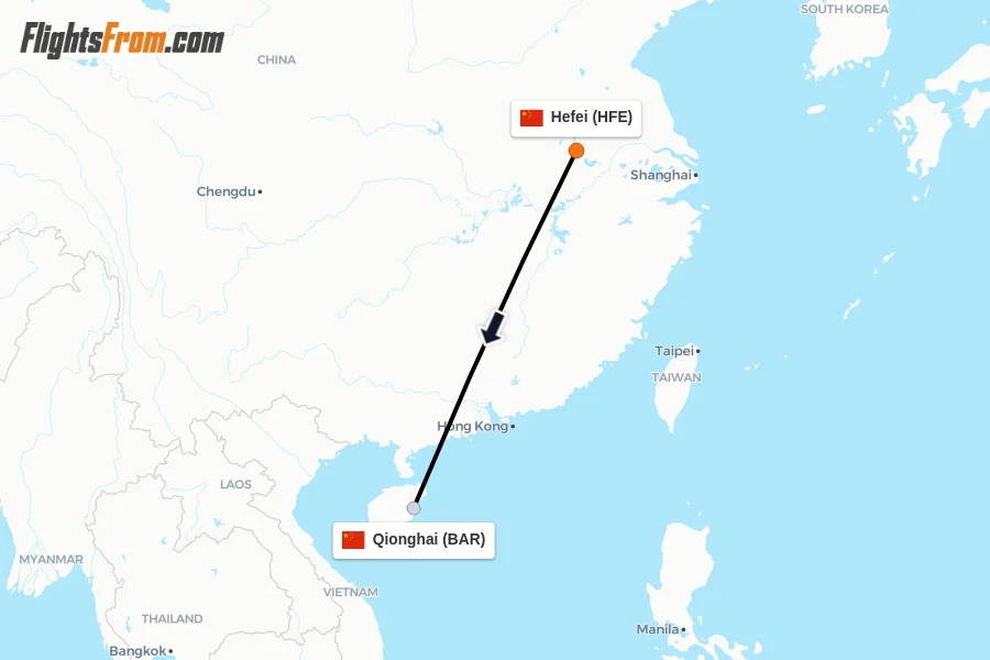 Flights from Hefei to Qionghai route map
